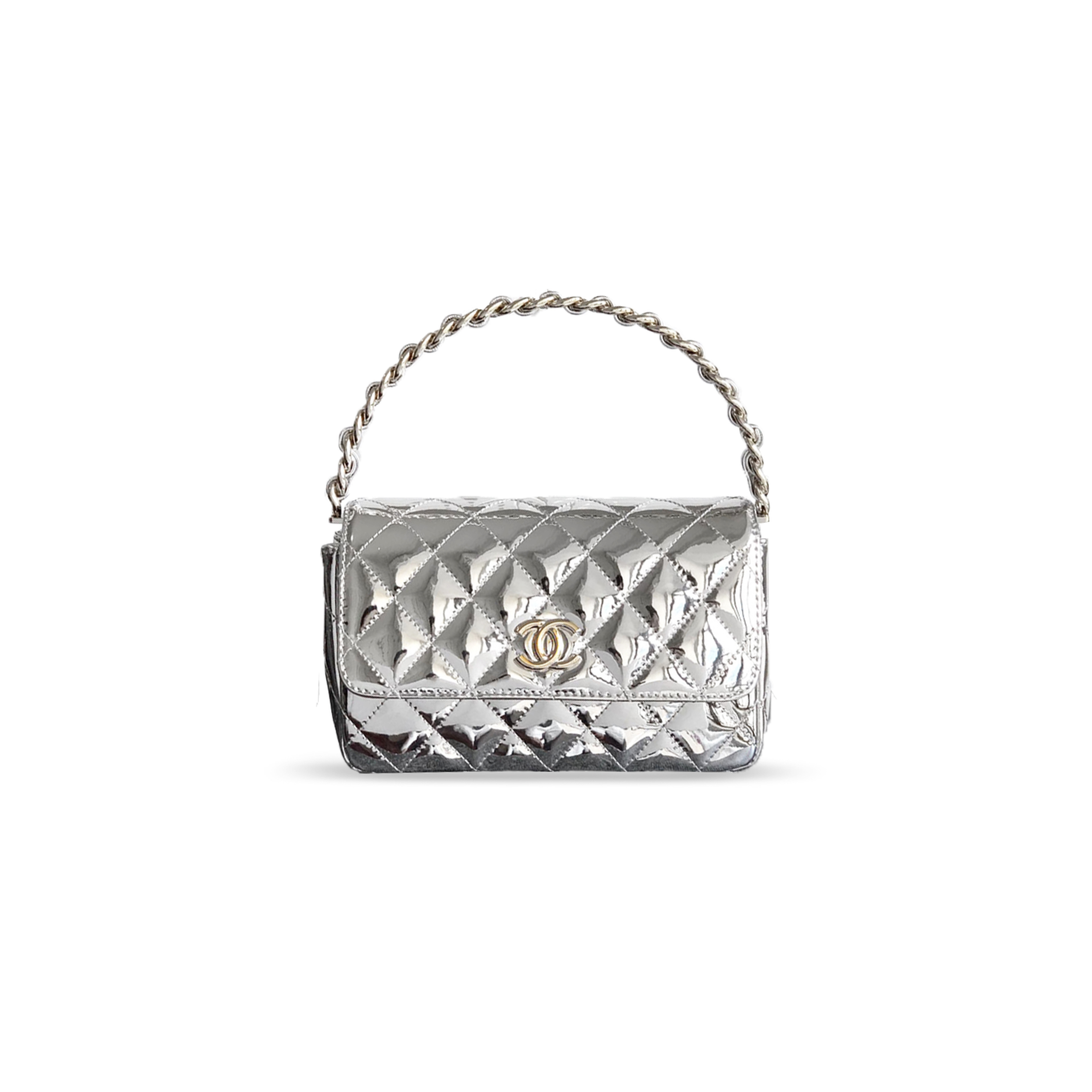 CHANEL HANDLE FLAP BAG PATENT CALFSKIN & GOLD METAL SILVER 496587 (18.5*10.5*8cm)